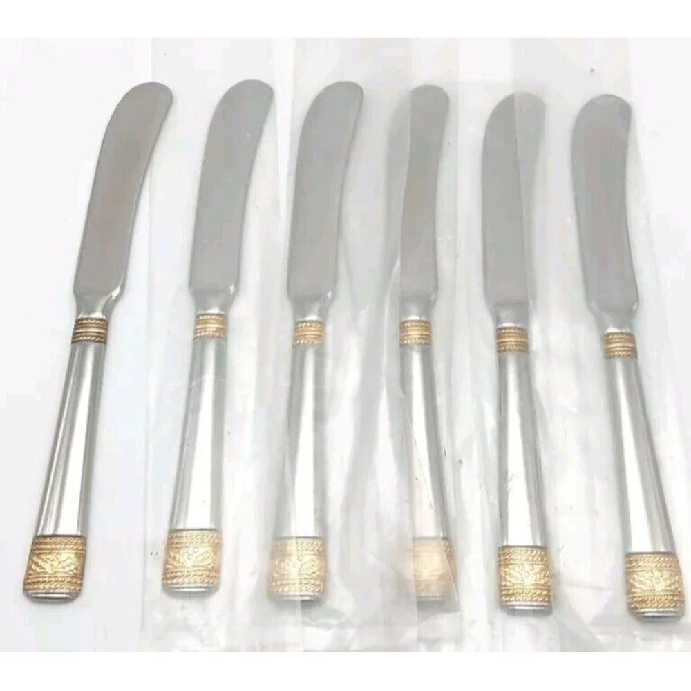 Gorham Festive Holly Gold Accent 6pc Spreader Knife Set 18/10 Stainless Flatware